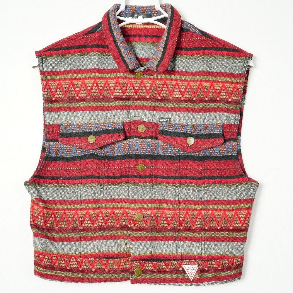 Vintage Guess Georges Marciano Southwestern Wool Blend Vest Red Grey USA Small